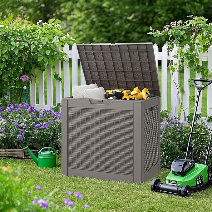 NUNU LAB 30 Gallon Outdoor Storage Box Waterproof, Outside Package Delivery Deck Boxes with Lockable Lid, Backyard Storage Bin For Garden Tools, Patio Cushions, Pool Accessories, Gray