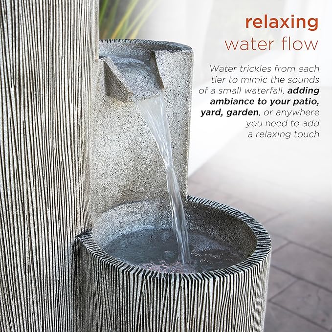 Alpine Corporation GIL1482 41” Outdoor 3-Tiered Weathered Stone Water Fountain with Natural Stone Look - Garden Water Feature for Patio, Lawn & Yard Decoration, Gray