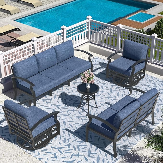 Aluminum Patio Furniture Set, 7 Seats Outdoor Patio Conversation Set with Swivel Chair Modern Metal Patio Sectional Sofa with Upgrade Cushions for Patio, Backyard Navy