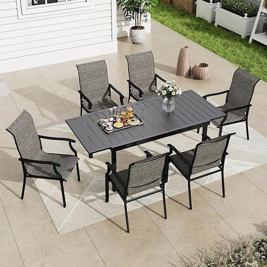 MFSTUDIO 7 PCS Patio Dining Set, Rectangular Expandable Black Metal Table with 6 Padded Textilene Fabric Chairs, Outdoor Furniture Set for Garden, Poolside, Backyard, Porch