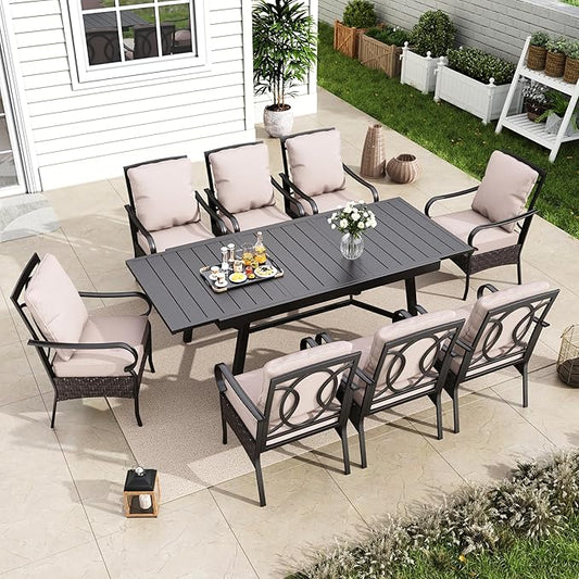 MFSTUDIO 9 Piece Outdoor Dining Sets for 8, Expandable Patio Table and Chairs, Large Metal Rectangular Dining Table for 8, All Weather Dining Furniture for Backyard and Garden