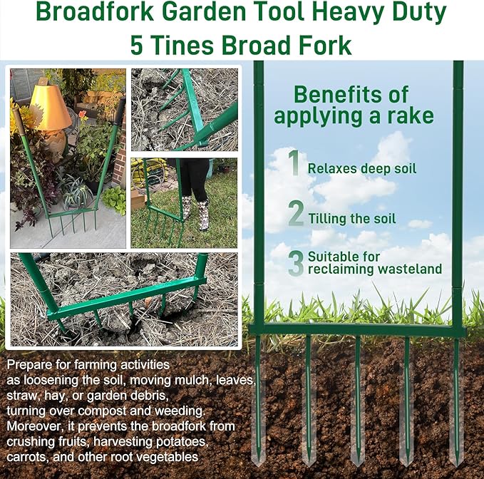 5 Tines Heavy Duty Broad Fork, 55"*20" in Broad Fork for Gardening– Heavy-Duty Hand Tiller for Digging, Cultivating & Aerating Clay Soil, Ergonomic U-Shaped Design for Comfortable Gardening & Farming