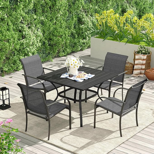 VICLLAX Patio Dining Table for 4 Square Metal Outdoor Table with Umbrella Hole and Storage Shelf for Garden Lawn Balcony Deck, Black