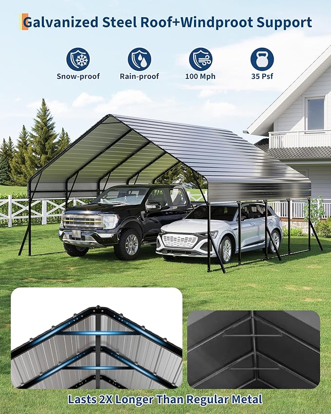 20x20 FT Heavy Duty Metal Carport Kit, Reinforced Frame with Anchors, for Trucks, Boats, RV, Tractor, 100MPH Wind & 35PSF Snow Rating, Easy Assembly