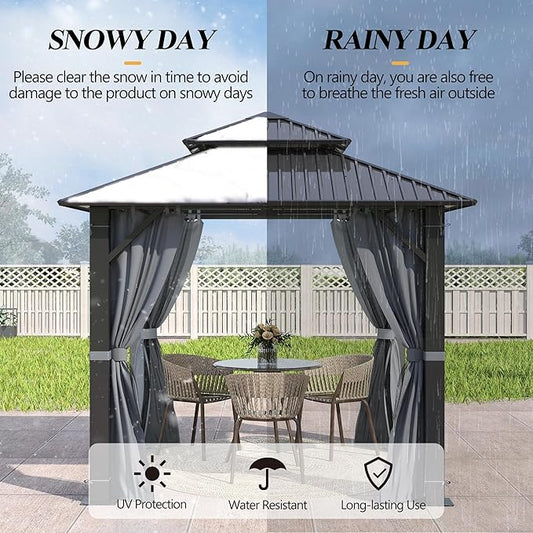 GARTOO 8.5x8.5FT Outdoor Hardtop Gazebo - Aluminum Heavy-Duty Steel Top Gazebo with Breathable Netting & Privacy Curtain, Double Roof Gazebos for Patio, Porch, Garden, Lawn, Deck, Backyard