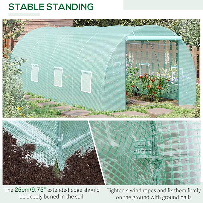 Outsunny 20' x 10' x 7' Walk-in Tunnel Greenhouse with Zippered Door & 8 Mesh Windows, Large Garden Green House Kit, Galvanized Steel Frame, Green