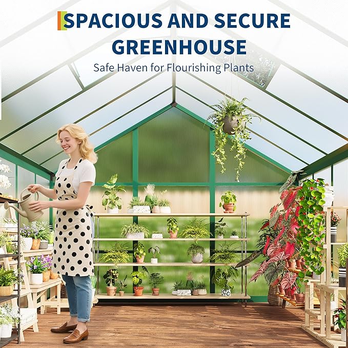 8x12 ft Greenhouse for Outdoors, Polycarbonate Greenhouse with Roof Vent, Ground Nails, Lockable Push Door, Aluminum Large Walk-in Green House for Outside Garden Backyard, Patio, Lawn, Green