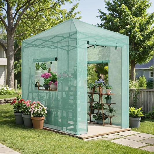 Greesum 6x4 FT Portable Small Greenhouse with PE Cover, Zippered Door and 2 Roll-up Windows, Easy Assemble(Green)
