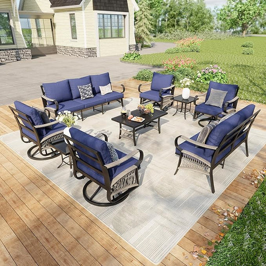 9-Piece Modern Patio Furniture Set, All Weather Metal Outdoor Conversation Sets with 5.1" Extra Thick Cushion for Backyard Garden Deck Porch Poolside, Blue