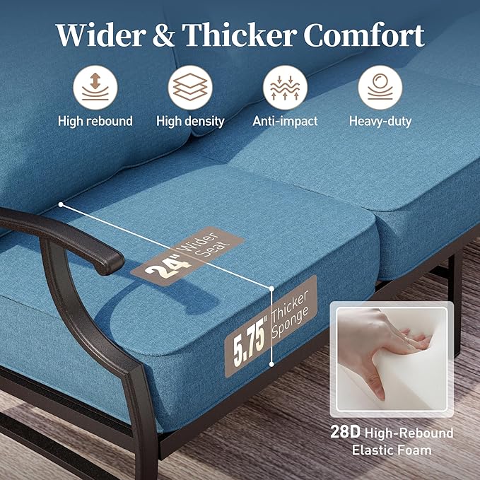 4 Piece Metal Outdoor Patio Furniture Sets, Patio Conversation Sets 1 3-seater Sofa, 2 Fixed Chair with 5.75" Extra Thick Cushion and Coffee Table, Black Frame Backyard Furniture, Navy