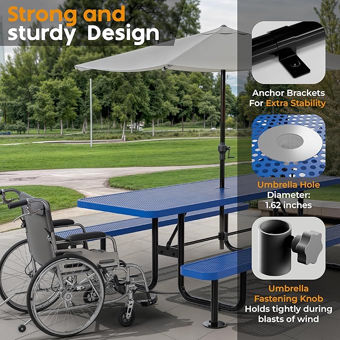 OUTTANS Commercial Heavy-Duty Metal Picnic Table - ADA Compliant, Adjustable Seats, Umbrella Hole (Blue, 8' Rectangular, Punched Steel)