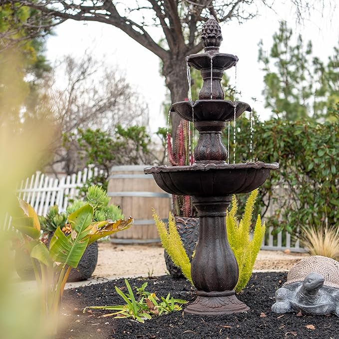 XBrand Outdoor Water Fountain 51 inch 3-Tier Garden Fountain with Pump, Weather Resistant Resin Patio & Yard Waterfall Feature - Brown