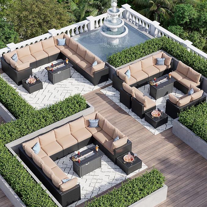 Aoxun 12 Piece Patio Furniture Set with 44” Fire Pit Table Wicker Rattan Patio Sectional Sofa Set Outdoor Seating Furniture with Thickened Cushion, Beige