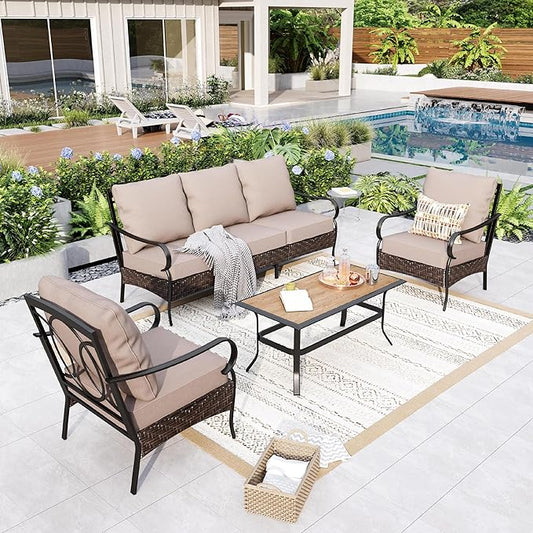 GREEN PARTY Extra Large Outdoor Patio Furniture Set 4 Pieces for 5, Modern Metal Patio Conversation Sets with High Back 3-Seat Sofa, 2 Fixed Chairs, 1 Coffee Table, for Garden, Backyard