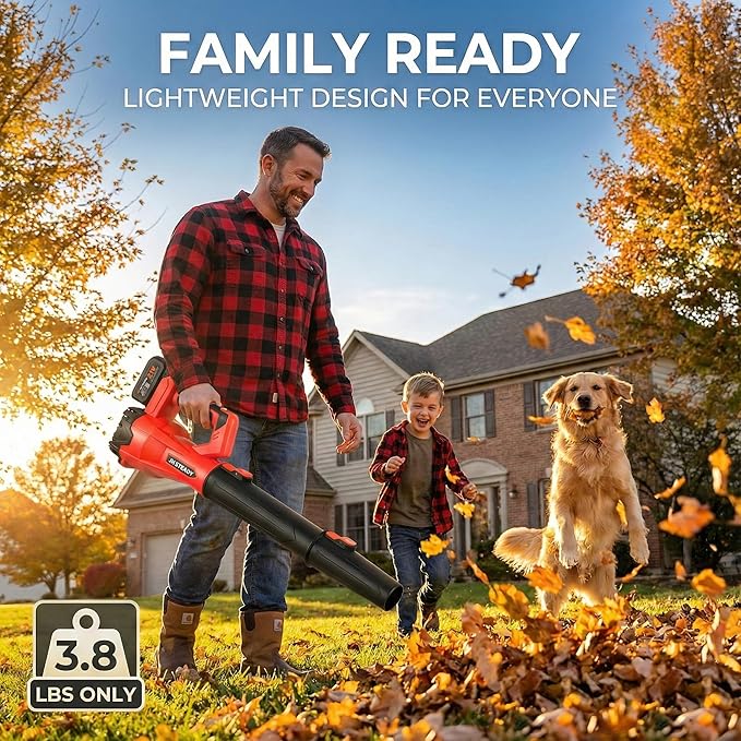 JH Steady 21V Cordless Leaf Blower - 3500W 350m/s, Stepless Variable Speed, Extended Nozzle, Rechargeable with Safety Gear (Red:1*Battery + Charger)