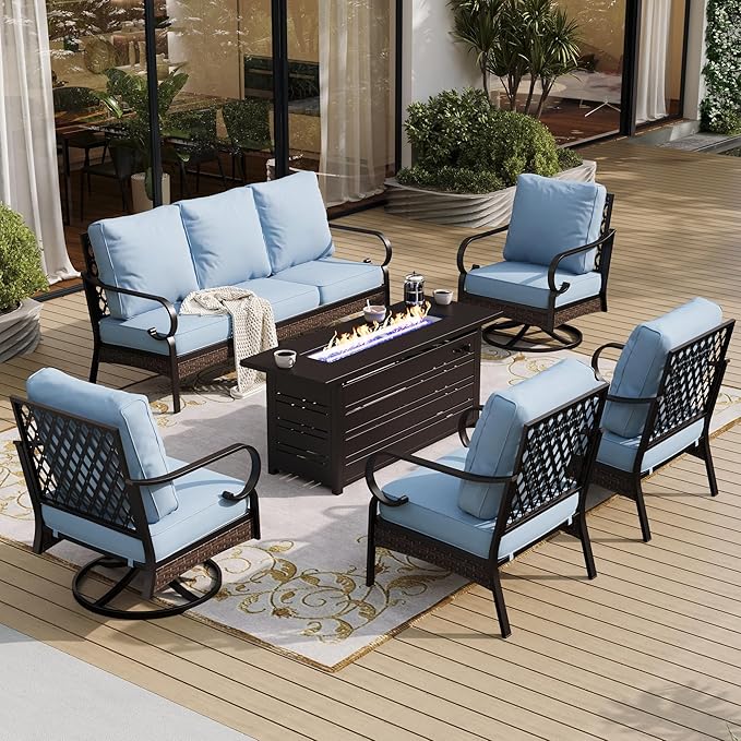 6 Piece Black Metal Outdoor Patio Furniture Sets with Firepit Table, Patio Conversation Sets 1 3-Seater Sofa, 2 Leg Sofa and 2 Swivel Sofa with 5.75" Cushion for Backyard Deck, Blue