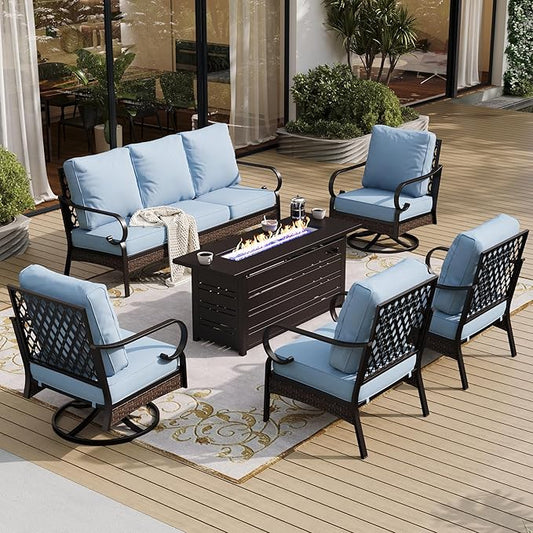 6 Piece Black Metal Outdoor Patio Furniture Sets with Firepit Table, Patio Conversation Sets 1 3-Seater Sofa, 2 Leg Sofa and 2 Swivel Sofa with 5.75" Cushion for Backyard Deck, Blue