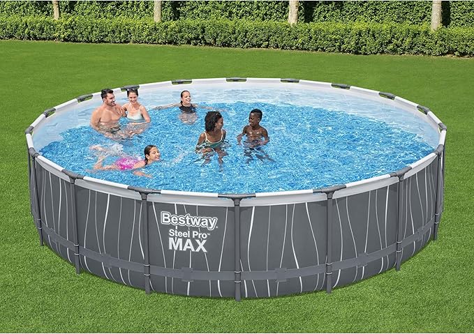 Bestway Steel Pro MAX 18 Foot x 48 Inches Metal Frame Above Ground Round Swimming Pool Set with LED Light, Remote Control, Ladder, and Pool Cover