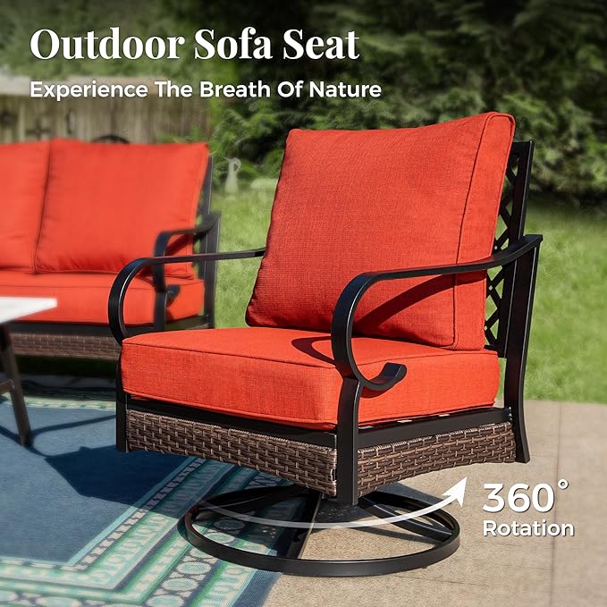Patio Furniture Set with Firepit Table, Black Frame Outdoor Conversation Set with 2 x Swivel Chairs, 1 x 2-Seat Sofa, 1 x 3-Seat Sofa for Lawn Garden Backyard, Red