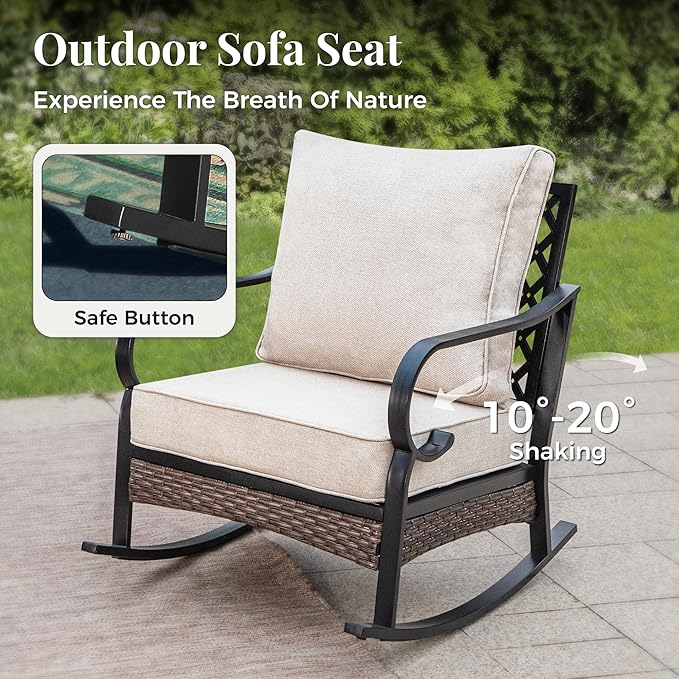 Patio Furniture Set with Firepit Table, Black Frame Outdoor Conversation Set with 2 x Rocking Chairs, 1 x 2-Seat Sofa, 1 x 3-Seat Sofa for Lawn Garden Backyard, Beige