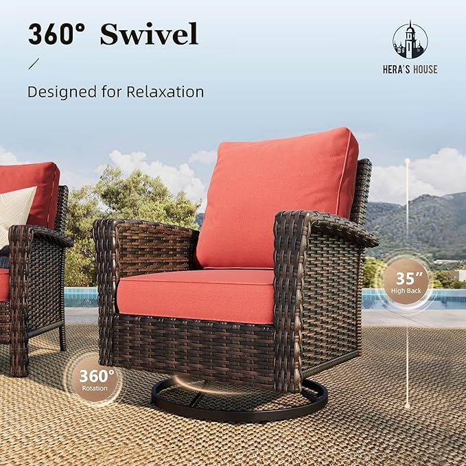 HERA'S HOUSE Oversized Patio Wicker Chairs, High Back Outdoor Swivel Chairs Set of 2 with Rattan Side Table, 5.5" Thick Cushions, 3-Piece Patio Furniture Sets for Deck Porch Pool, Brown/Red