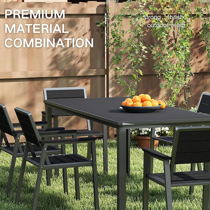 Kingdura 7 Piece Patio Dining Set for 6, HDPE Outdoor Table & Chairs with Umbrella Hole, All-Weather Outdoor Furniture Patio Conversation Set for Lawn Pool Backyard, Dark Grey