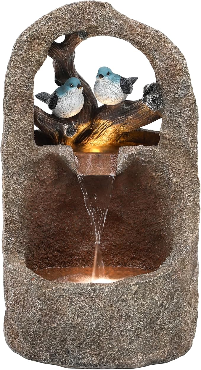 Autodaya 27" Outdoor Water Fountain with LED Lights,2-Tier Bird Natural Zen Garden Fountain, Relaxing Waterfall Floor, Yard, Porch or Deck Decor, Whether-Resistant, Faux Granite Texture