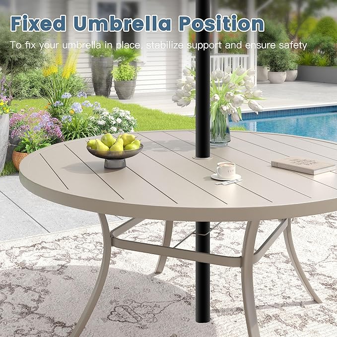 DIFY 50" Round Outdoor Patio Dining Table for 6, Metal Patio Table with 1.57" Adjustable Umbrella Hole, All-Weather Dining Furniture Table for Backyard Lawn Garden, Sandshell