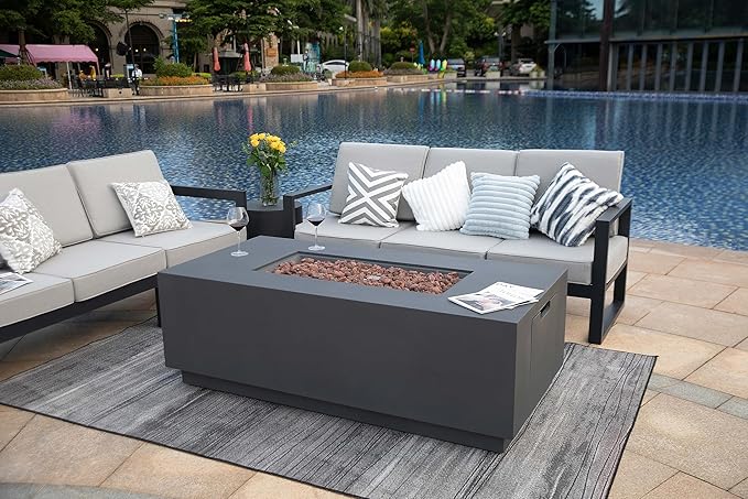 AMS Creations | Sedona Fire Pit Table with Pull-Out Propane Tank Storage Drawer | Concrete Rectangular Propane Fire Pit | Modern Outdoor Furniture | Lava Rock and Fabric Cover Included. (Dark Grey)