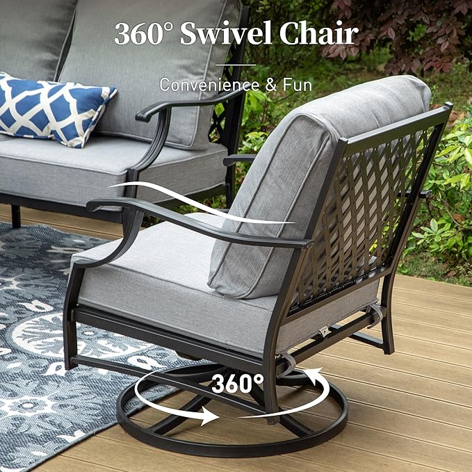6 Piece Metal Outdoor Patio Furniture Set with Firepit Table, Patio Conversation Set 1 3-seater Sofa, 2 Swivel Chair, 2 Ottoman with 5.75" Thick Cushion, Black Backyard Furniture, Gray