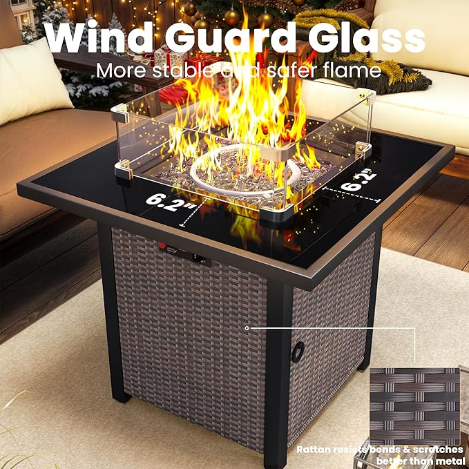 Propane Fire Pit Table, Outdoor Fire Pit Table, 28" Rattan Square Outdoor Gas Fire Pit with Glass Wind Guard, Tempered Glass Tabletop, Lid, CSA Listed, 50,000 BTU for Outside Patio Deck & Garden,Brown