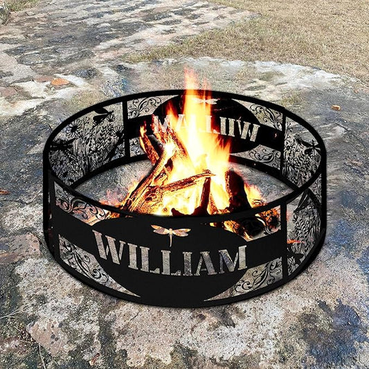 Personalized Fire Pit Ring Dragonfly Custom Name Garden Metal Ring Campfire Stove 360 Degree Firepit Outdoor BBQs Backyard Camping Yard Decor Gifts for Father Nature Lover