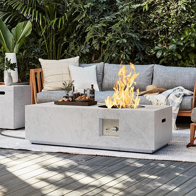 48" Stone-Look Propane Fire Pit with Round Burner – 50,000 BTU Fire Pit Table with Lid, Rocks, Cover and Tank Storage – Outdoor Fire Pit Propane (Stone-Look Marble, 48" Standard)