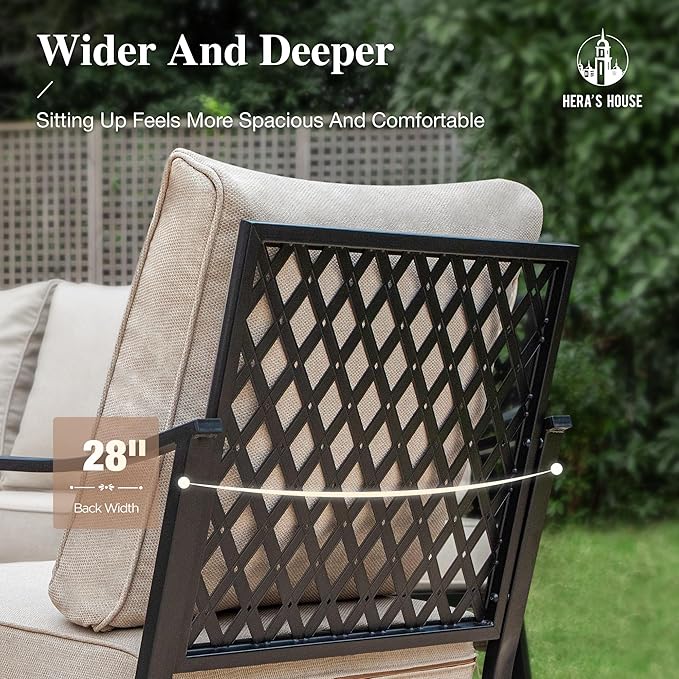HERA'S HOUSE 6 Piece Metal Patio Furniture Set with 56" Fire Pit Table, All Weather Outdoor Conversation Set, 3 Seat Sofa, 4 Fixed Chairs with Cushions, Seats 7 for Backyard, Garden, Deck, Beige