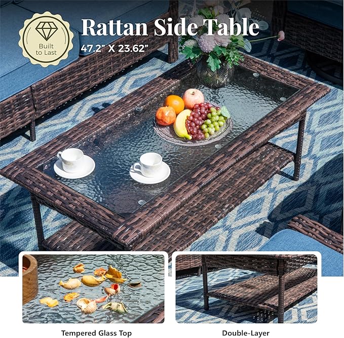 6-Piece Wicker Patio Furniture Set with Swivel Chairs, High Back Outdoor Furniture with 5.5-inch Thick Cushion and Ottoman, All-Weather Wicker Patio Conversation Set for Deck Lawn, Navy Blue
