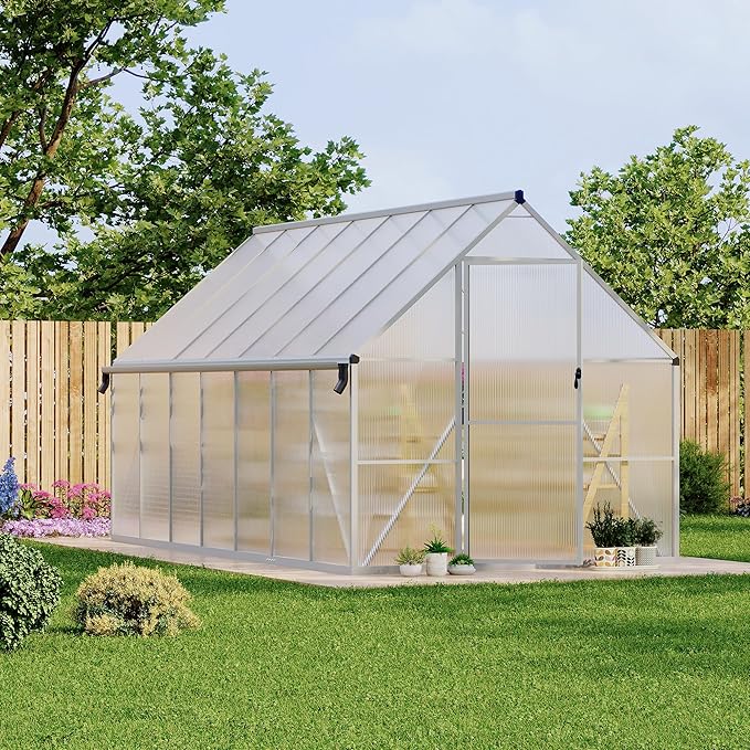 Polycarbonate Greenhouse for Outdoors, Large Walk-InGreenhouse with Quick Setup Structure and Roof Vent, Greenhouse with Ventilation