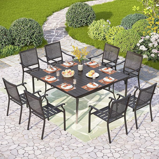 PHI VILLA Large Outdoor Square Dining Table for 8, 60" Metal Steel Slat Table with Umbrella Hole, Weather-Resistant Dining Fruniture for Patio, Deck, Backyard, Porch - Black
