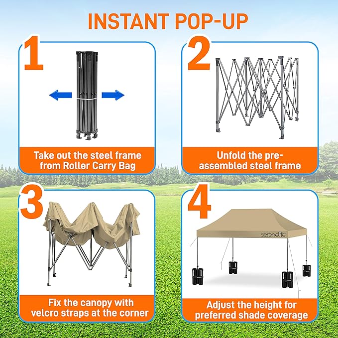 Pop Up Canopy Tent 10x15 - Commercial Instant Shelter Foldable/Collapsible Sun Shade Canopy Pop Up Tent w/Waterproof Tent Top, Portable Carry Bag & Sand Bag - SereneLife SLGZ15K (Khaki)