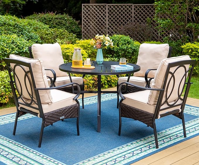 MFSTUDIO Patio Chairs Set of 4, Metal Wicker Dining Chairs with Thick Cushions and Armrests, Outdoor Furniture Chairs for Dining Table, Heavy Duty Wide Seat Chairs, 300lbs