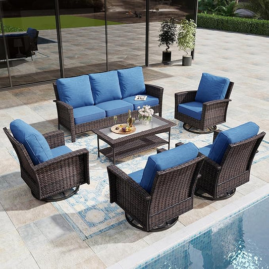 6-Piece Wicker Patio Furniture Set with Swivel Chairs, High Back Outdoor Sofa with 5.5-inch Thick Cushion, All-Weather Wicker Patio Conversation Set for Deck Yard Pool, Navy Blue