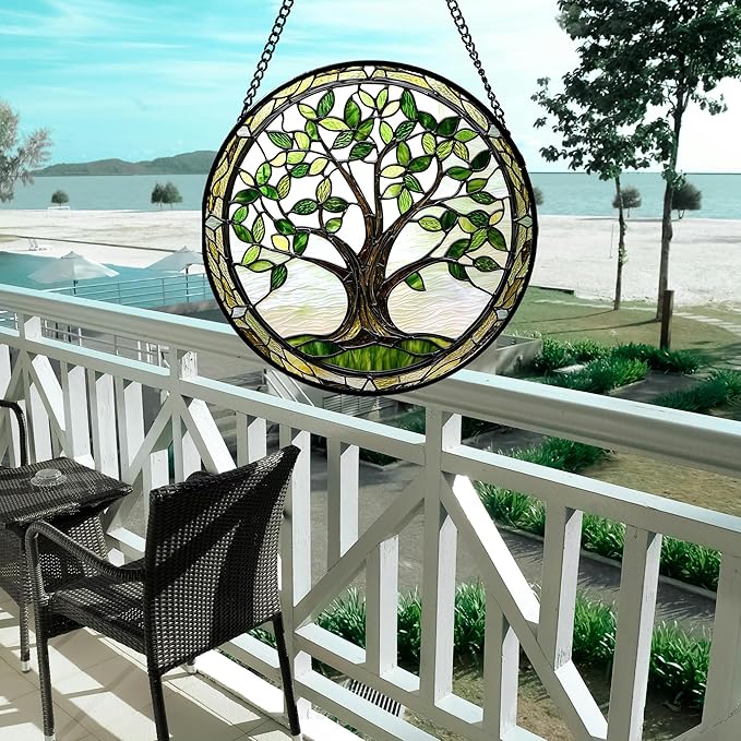 AMDERVEN Stained Glass Window Hanging - Brown Tree Trunk Green Leaves Sun Catcher for Door Garden Home Decor Plant Suncatcher Christmas Mother's Day Birthday Gifts for Women Men Mom Nana 11.8 in