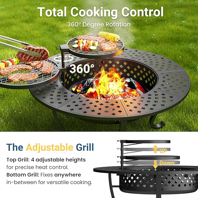 Wisteria Lane 3 in 1 43" Extra Large Fire Pit for Outside Wood Burning with 2 Adjustable Grills, Outdoor Fireplace with Lid and Fire Poker, BBQ & Bonfire & Round Metal Table for Patio, Backyard