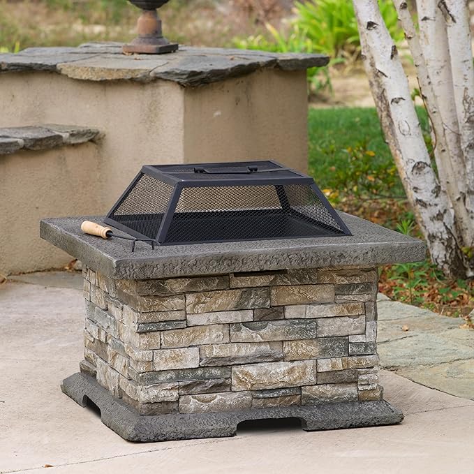 29 Inch Outdoor Fire Pit Table, Wood Burning Fire Pit for Patio with Spark Screen, Fire Poker, MGO Square Fireplaces for Camping, Garden, Backyard, Bonfire Party, Stone Gray