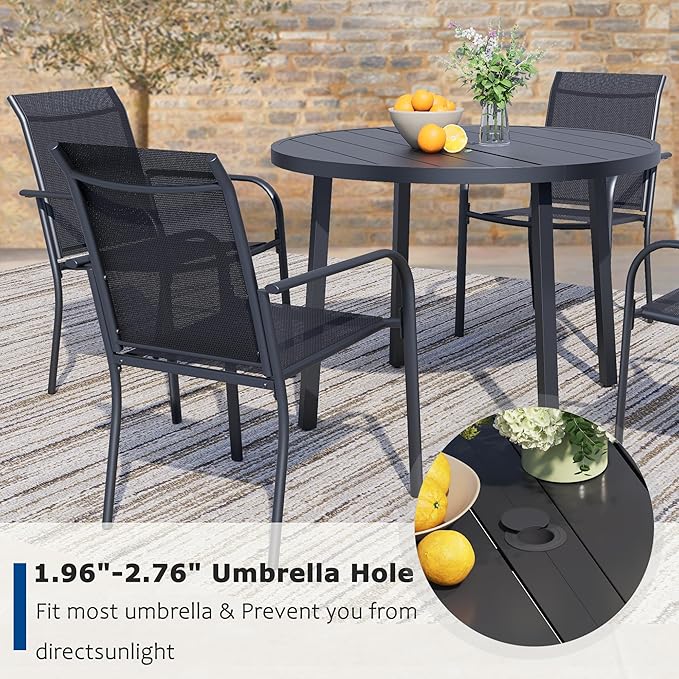 5 Pieces Patio Dining Set for 4, Black Patio Stackable Chairs and Black Round Table Set of 4, Outdoor Furniture Set with Sling Support for Outside, Garden