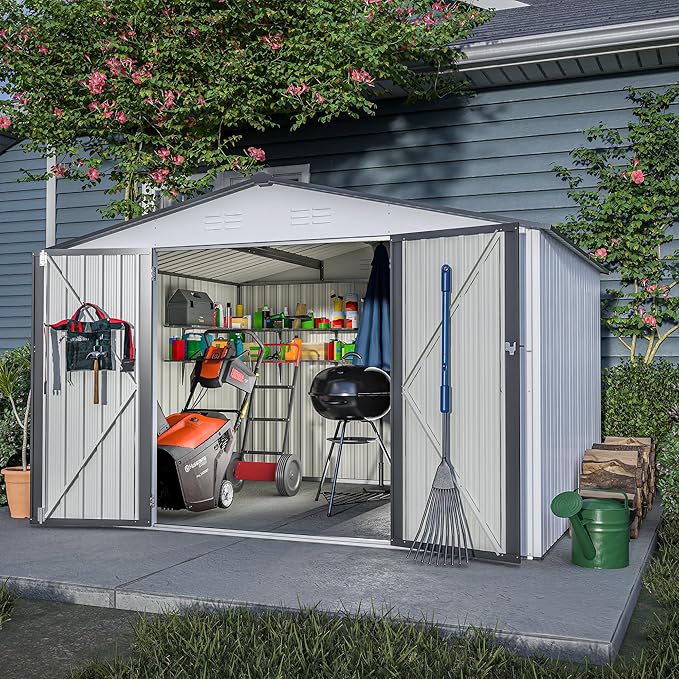 8x10 FT Outdoor Storage Shed, Metal Garden Shed with Lockable Hinged Doors, Outside Tool Shed with Sloped Roof & 4 Air Vents, Waterproof Storage Building for Backyard, Patio, Lawn, White