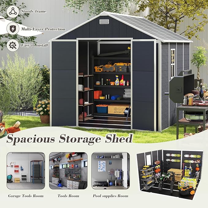 Resin Storage Shed 8x8ft, Outdoor Storage Sheds with Floor, Window, Lockable Doors and Vents, 12mm Thick pp Board, Large Storage Space Tool Shed for Bike, Garden, Backyard, Lawn (Dark Gray, 8 * 8ft)