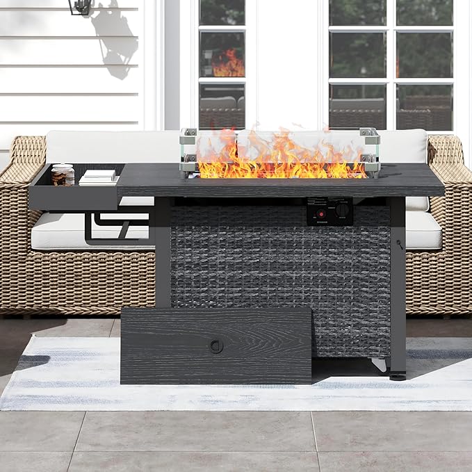 52 Inch Wicker Patio Fire Table, 50,000BTU Propane Fire Pit Table with Glass Wind Guard, Side Basket, Cover, CSA Certified, Outdoor Fire Pit for Garden, Backyard, Balcony, Poolside, Grey