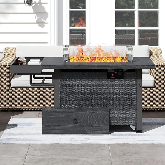 52 Inch Wicker Patio Fire Table, 50,000BTU Propane Fire Pit Table with Glass Wind Guard, Side Basket, Cover, CSA Certified, Outdoor Fire Pit for Garden, Backyard, Balcony, Poolside, Grey