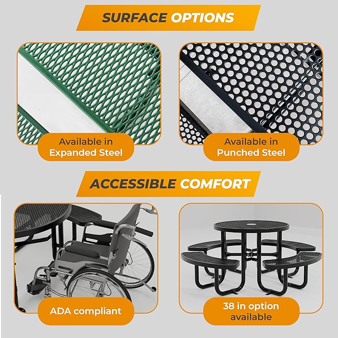 OUTTANS Metal Picnic Tables for Outdoors with Umbrella Hole - Coated Steel Heavy Duty Commercial Grade Furniture Set with Adjustable Seats (Red, 46 in, Round, Expanded Steel)