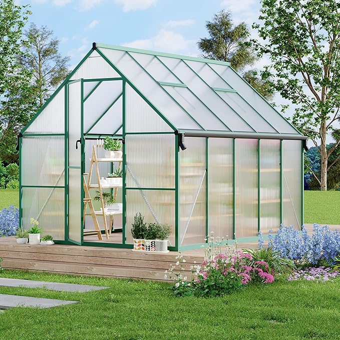 Polycarbonate Greenhouse for Outdoors, Large Walk-InGreenhouse with Quick Setup Structure and Roof Vent, Greenhouse with Ventilation